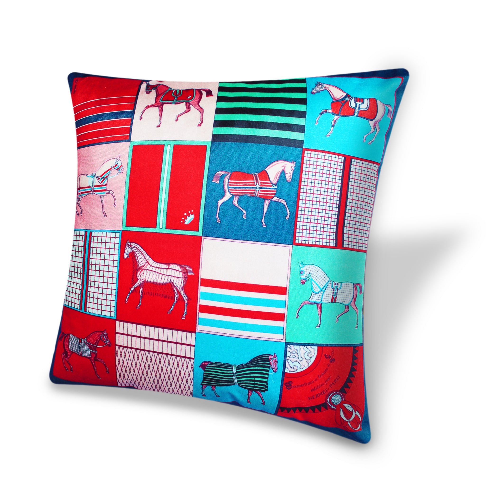 Red Velvet Cushion Cover, Hermes Inspired Horse Printed Decorative Pillow, Vintage Home Décor Throw Pillow Cover,  45 x 45 CM