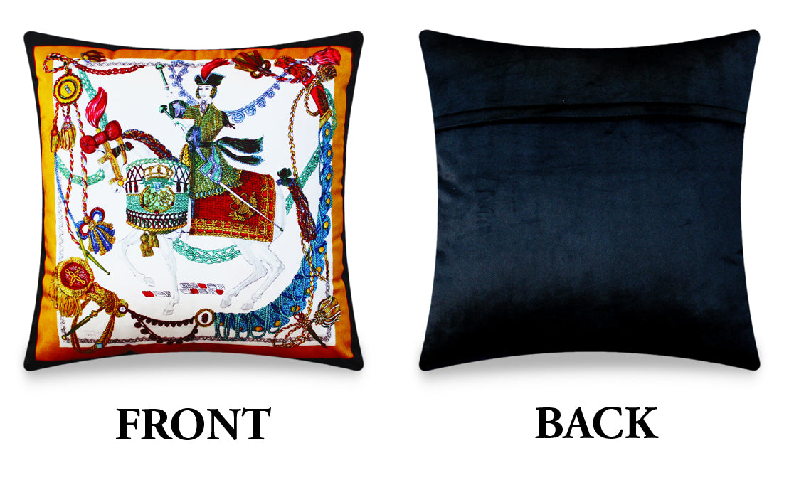 Golden Velvet Cushion Cover, Hermes Inspired Horse Printed Decorative Pillow, Vintage Home Décor Throw Pillow Cover,  45 x 45 CM