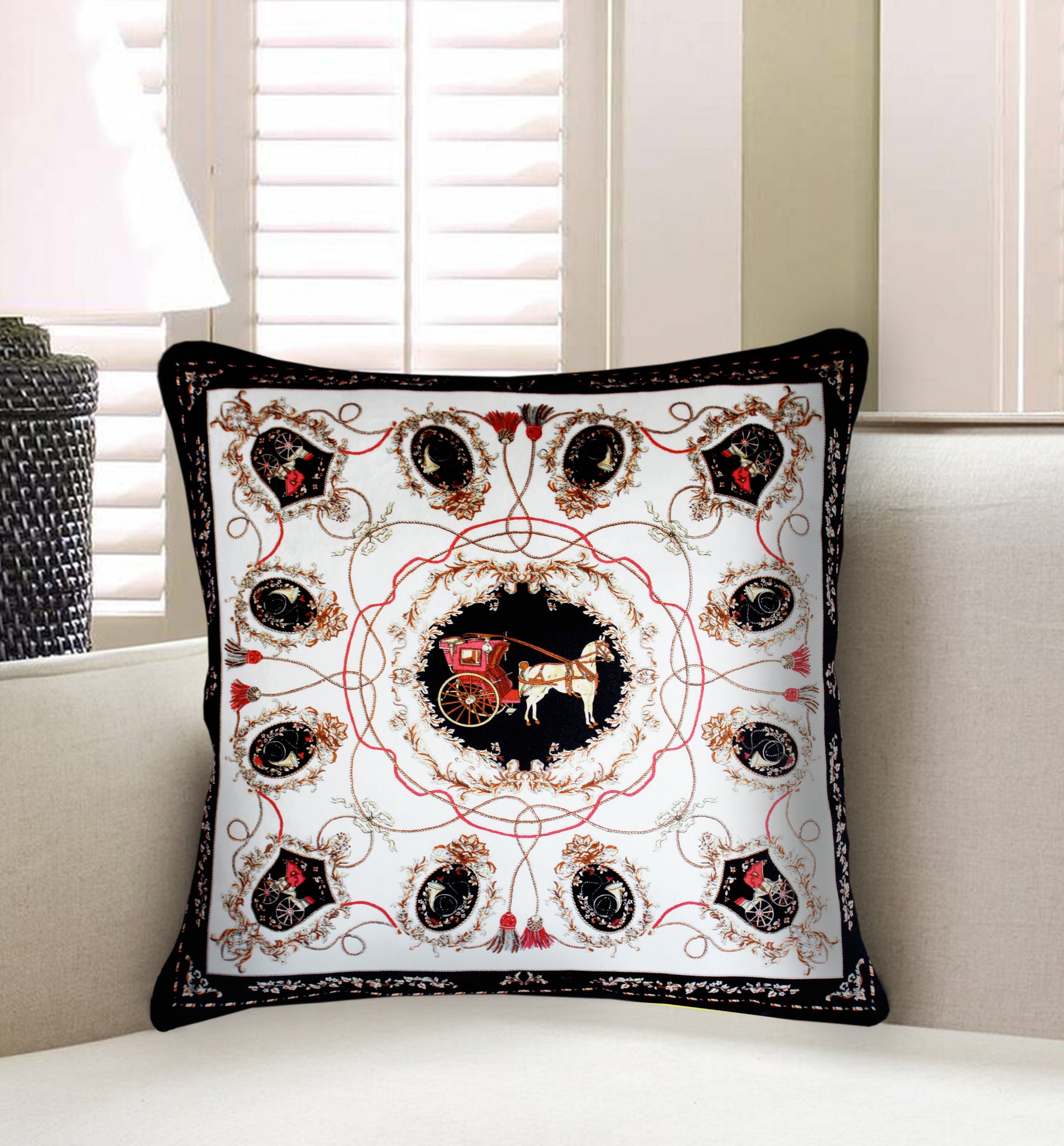 Black Velvet Cushion Cover, Hermes Inspired Horse Printed Decorative P