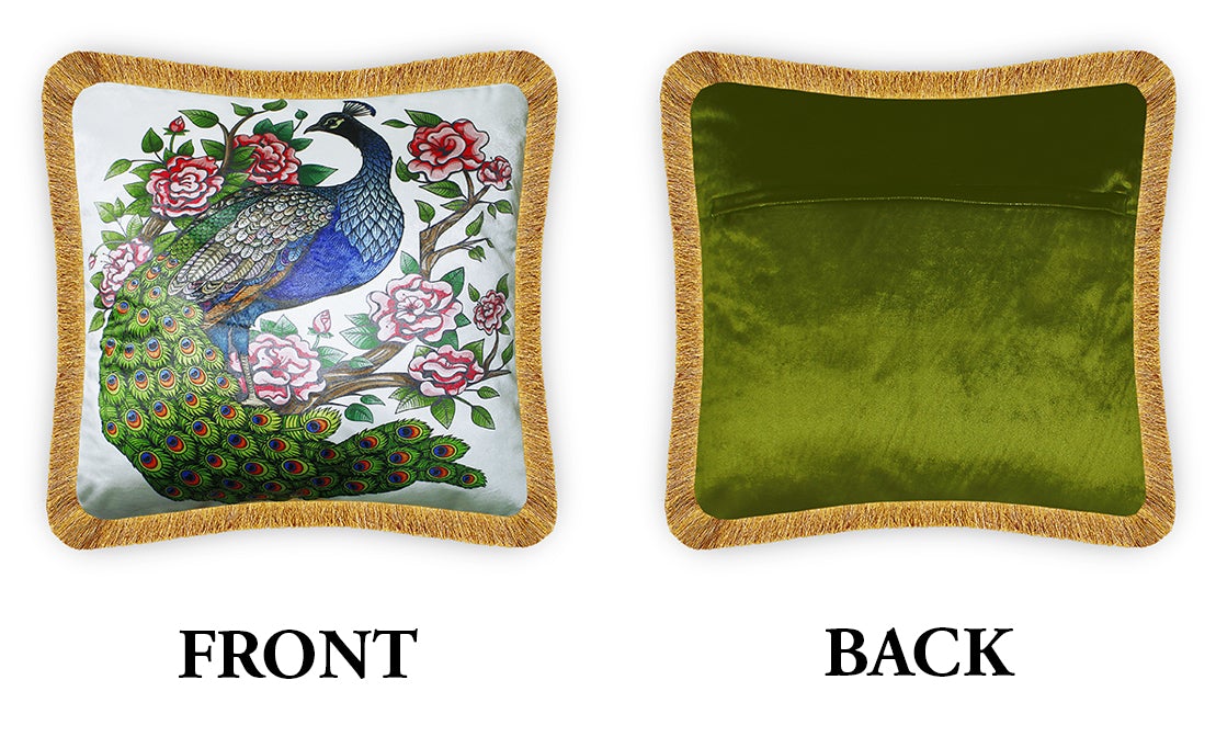 Green Velvet Cushion Cover Peacock and Floral Decorative Pillow Cover Home Decor Throw Pillow for Sofa Chair Couch Bedroom 45x45 cm 18x18 In