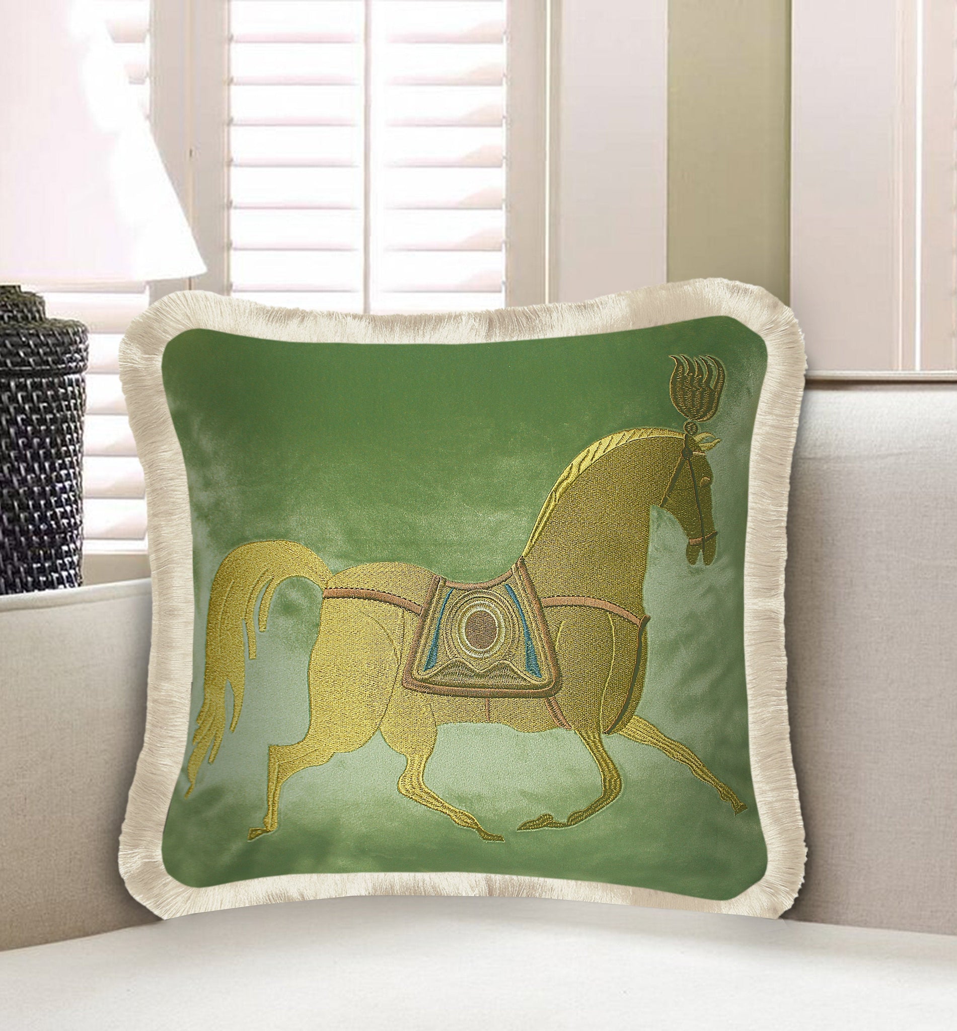 Green Luxury Classic Horse Embroidery Baroque Style Decorative Cushion Cover Pillow Case Home European Sofa Throw Pillow