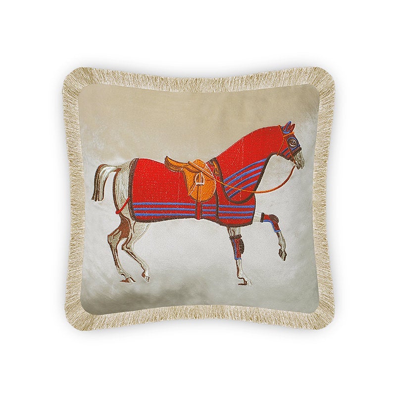 Beige Luxury Classic Horse Embroidery Baroque Style Decorative Cushion Cover Pillow Case Home European Sofa Throw Pillow 