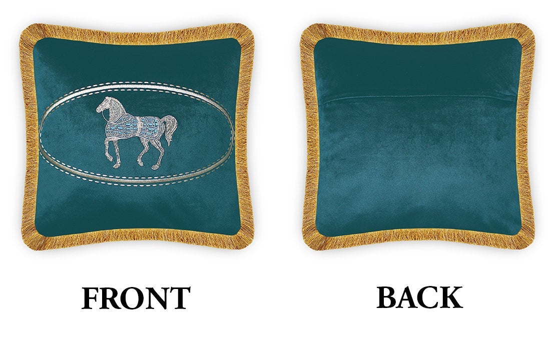  Cushion Cover Velvet Decorative Pillow Cover Home Decor Horse Embroidery Throw Pillow for Sofa Chair Bedroom Living Room Teal 45x45 cm (18x18 Inches).