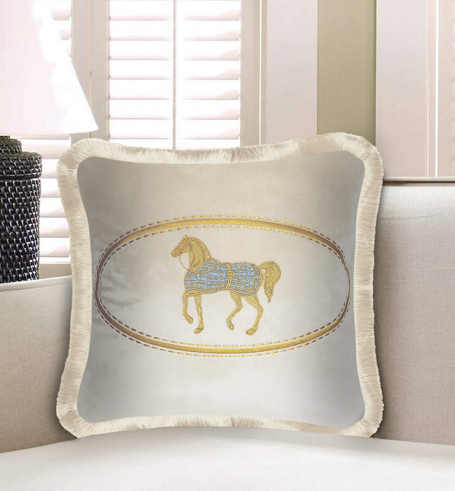  Cushion Cover Velvet Decorative Pillow Cover Home Decor Horse Embroidery Throw Pillow for Sofa Chair Bedroom Living Room Beige 45x45 cm (18x18 Inches).