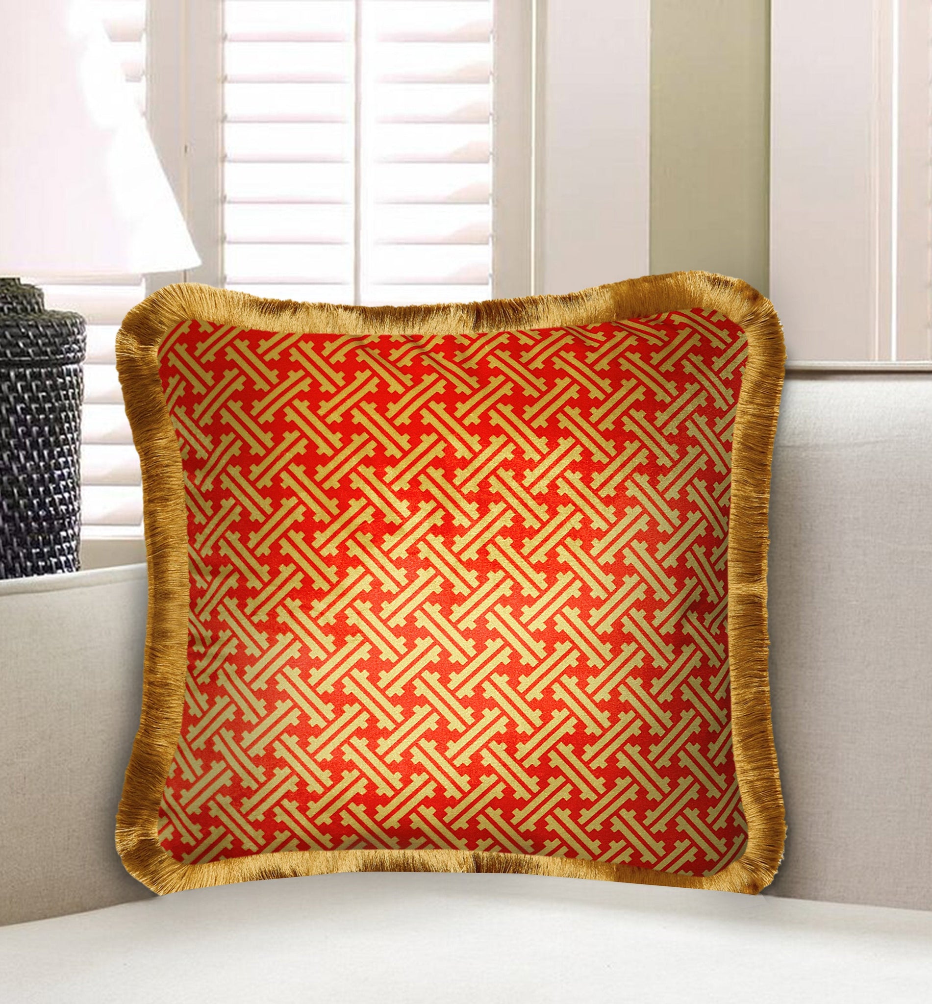 Red Velvet Cushion Cover Classic Tile Geometric Decorative Pillowcase Home Decor Throw Pillow for Sofa Living Room 45x45 cm 18x18 In