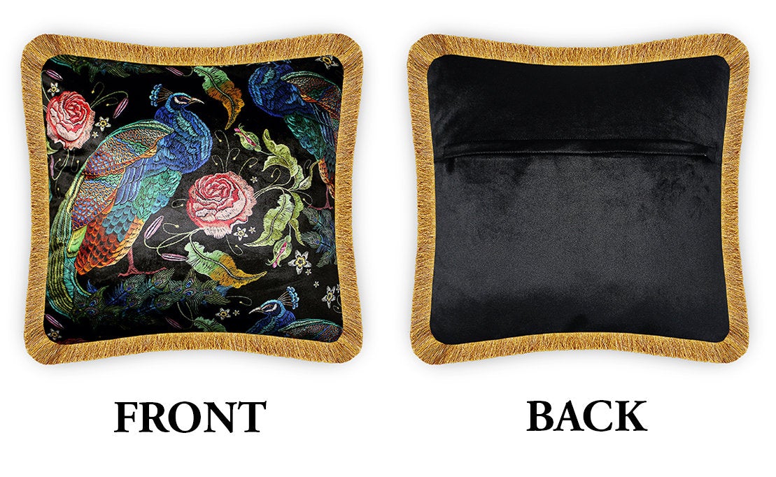 Velvet Cushion Cover Embroidery Imitated Rose and Peacock Decorative pillowcase, Flower and Exotic Animal Décor Throw Pillow for Sofa Chair Bedroom Living Room Multi Color 45x45cm (18x18 Inches)