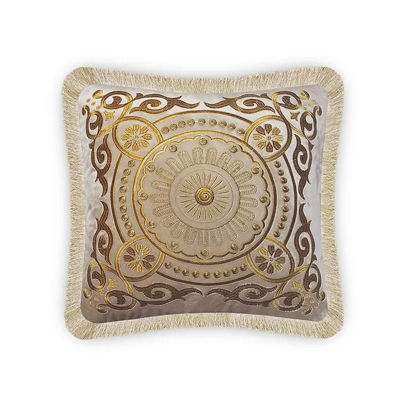 Gold Fringe Baroque Décor Motif Embroidered Cushion Cover Velvet Pillow Case Home Decorative European Sofa Throw Pillows Green Beige