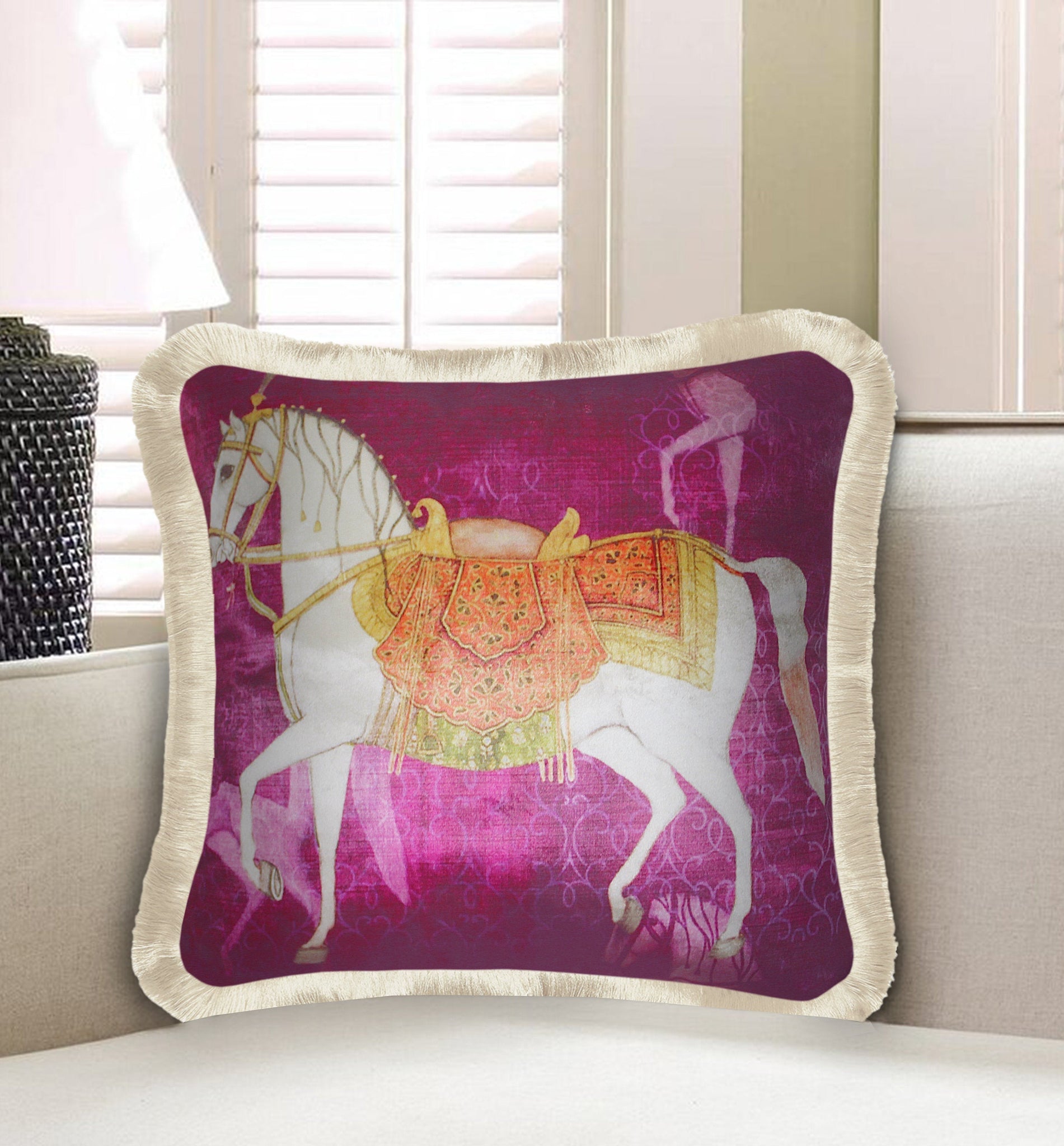  Velvet Cushion Cover Baroque Horse Decorative pillowcase Classic Motif Décor Throw Pillow for Sofa Chair Bedroom Living Room Fuchsia 45x45cm (18x18 Inches)