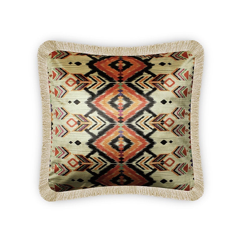 Beige Velvet Cushion Cover Ethnic Ikat Decorative Pillowcase Home Decor Throw Pillow for Sofa Chair Living Room 45x45 cm 18x18 In