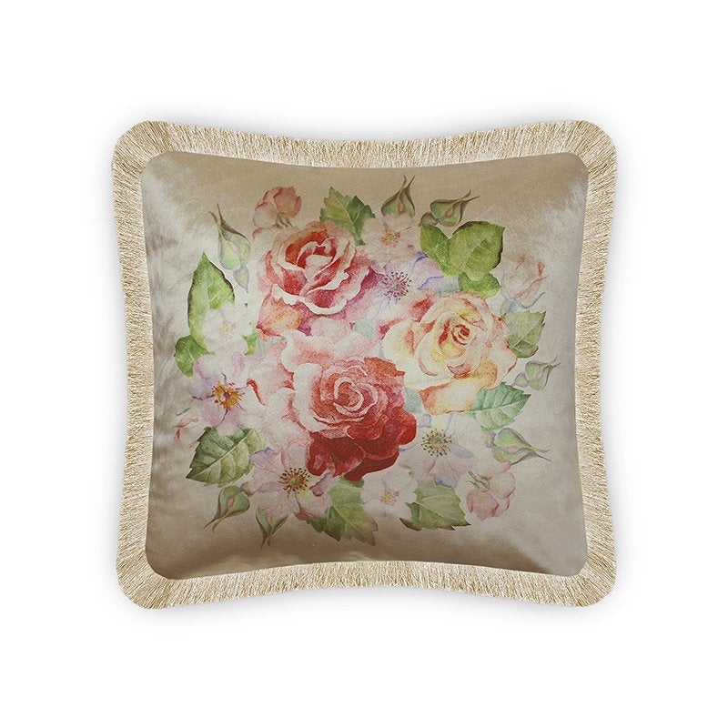 Beige Velvet Cushion Cover Watercolor Rose Bouquet Decorative Pillowcase Home Decor Throw Pillow for Sofa Chair Living Room 45x45 cm 18x18 In