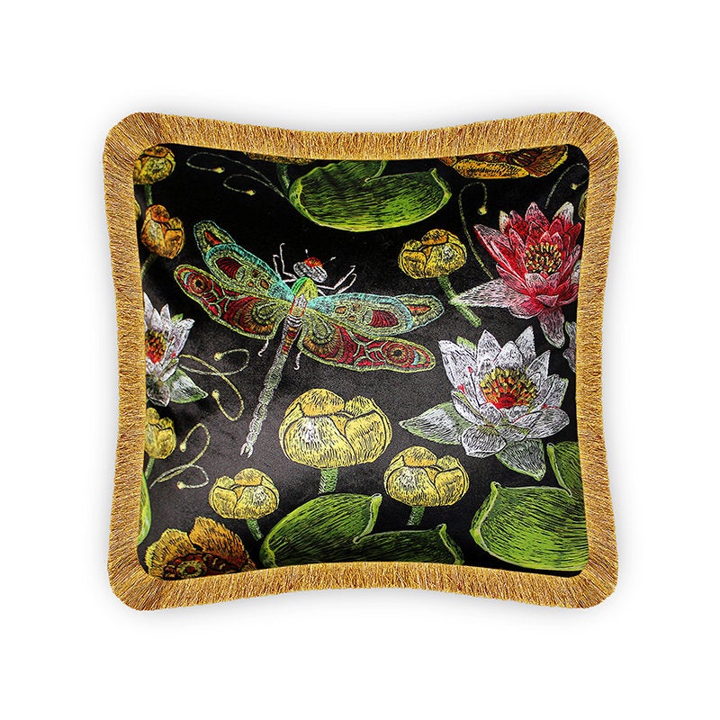  Velvet Cushion Cover Embroidery Imitated Lotus and Dragonfly Decorative pillowcase, Vivid Flower and Insect Décor Throw Pillow for Sofa Chair Bedroom Living Room Multi Color 45x45cm (18x18 Inches)