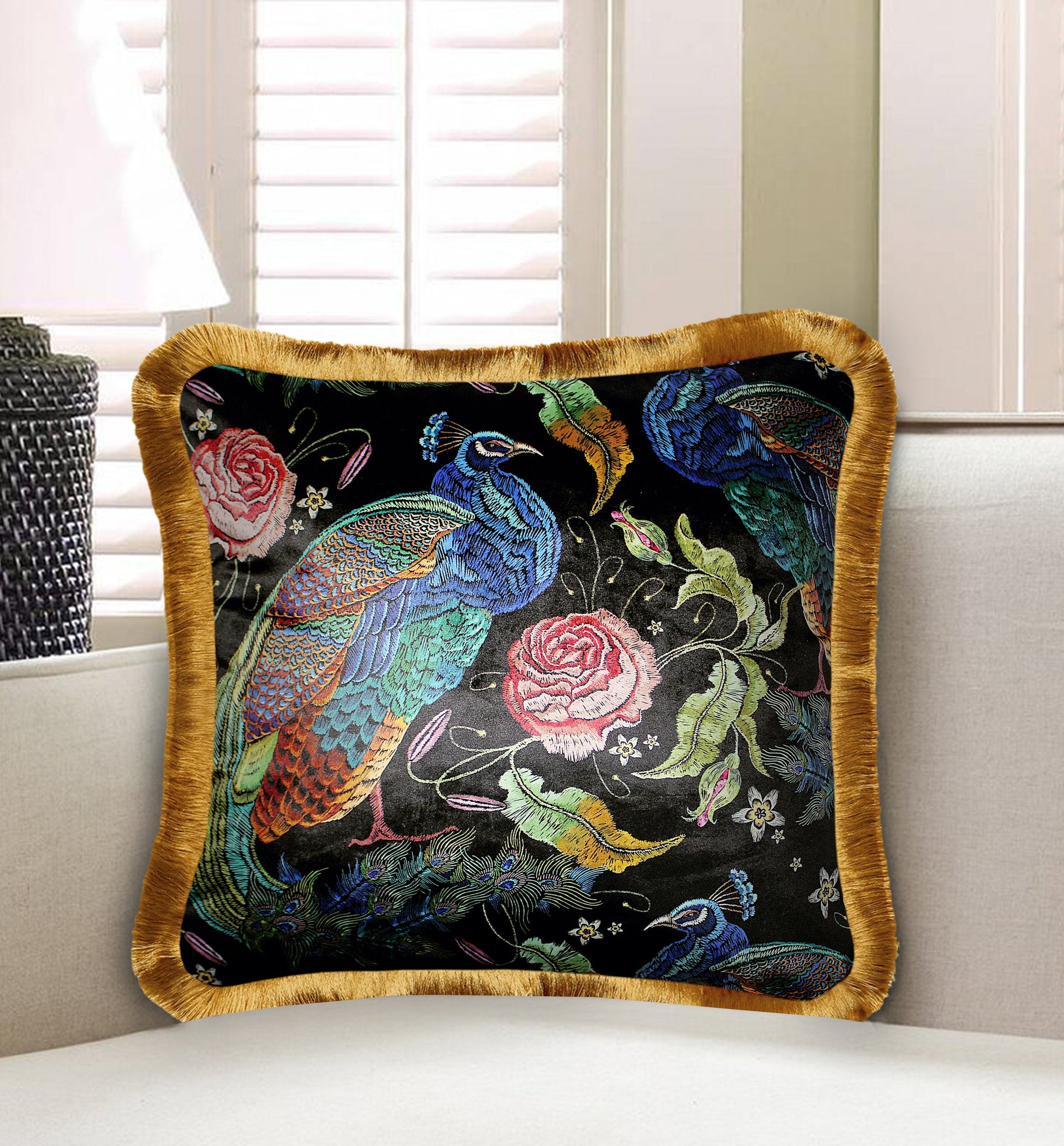  Velvet Cushion Cover Embroidery Imitated Rose and Peacock Decorative pillowcase, Flower and Exotic Animal Décor Throw Pillow for Sofa Chair Bedroom Living Room Multi Color 45x45cm (18x18 Inches)