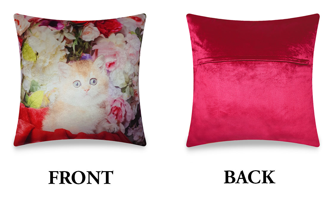 Red Velvet Cushion Cover Kitten on Flowers Decorative Pillowcase Modern Home Decor Throw Pillow for Sofa Chair 45x45 cm 